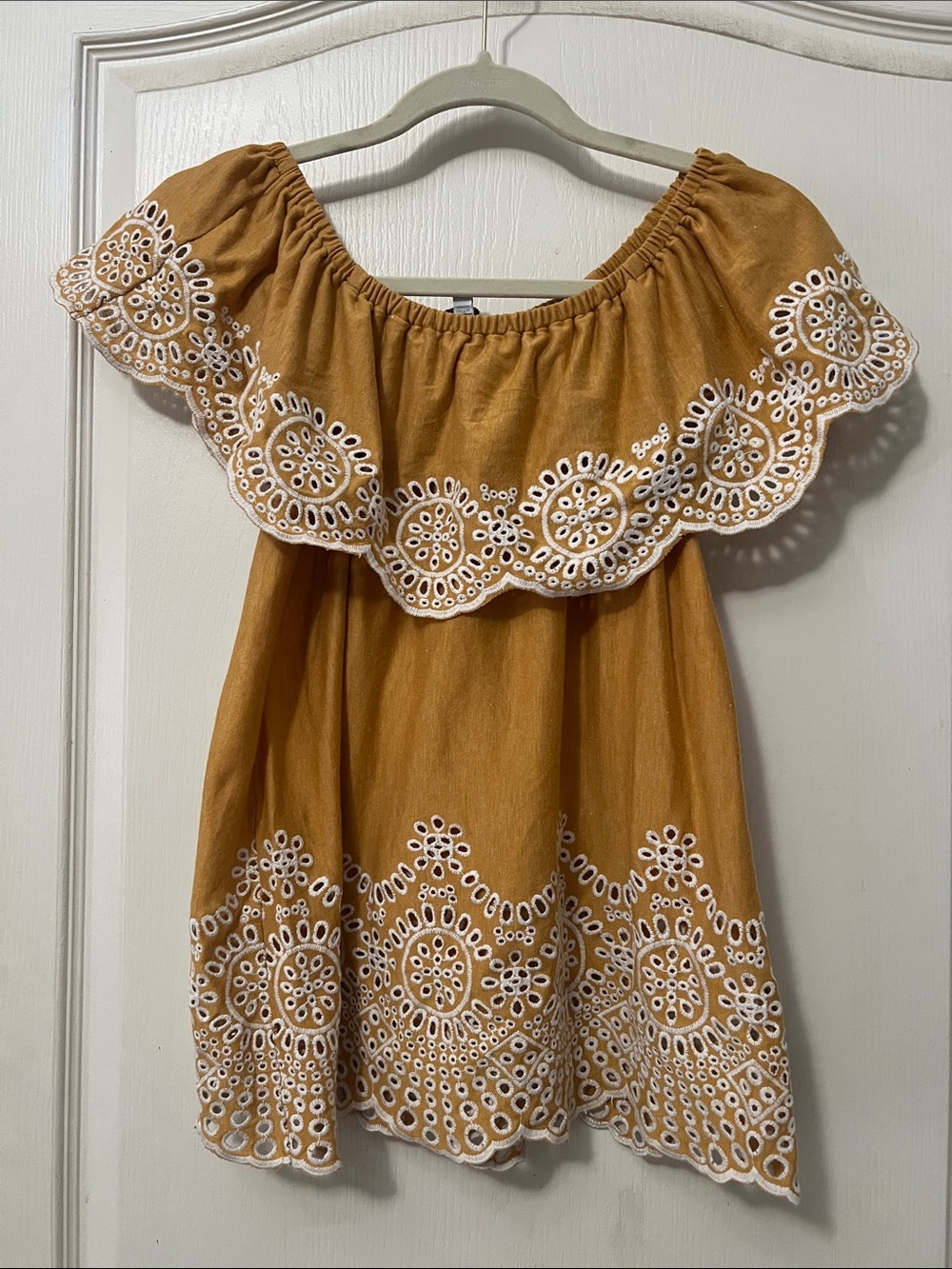 Off-Shoulder Embroidered Top- Mustard